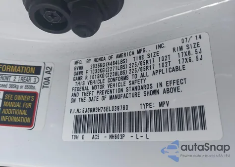 2014 Honda Cr-V Exl z USA, uszkodzony, nr VIN 5J6RM3H75EL039780
